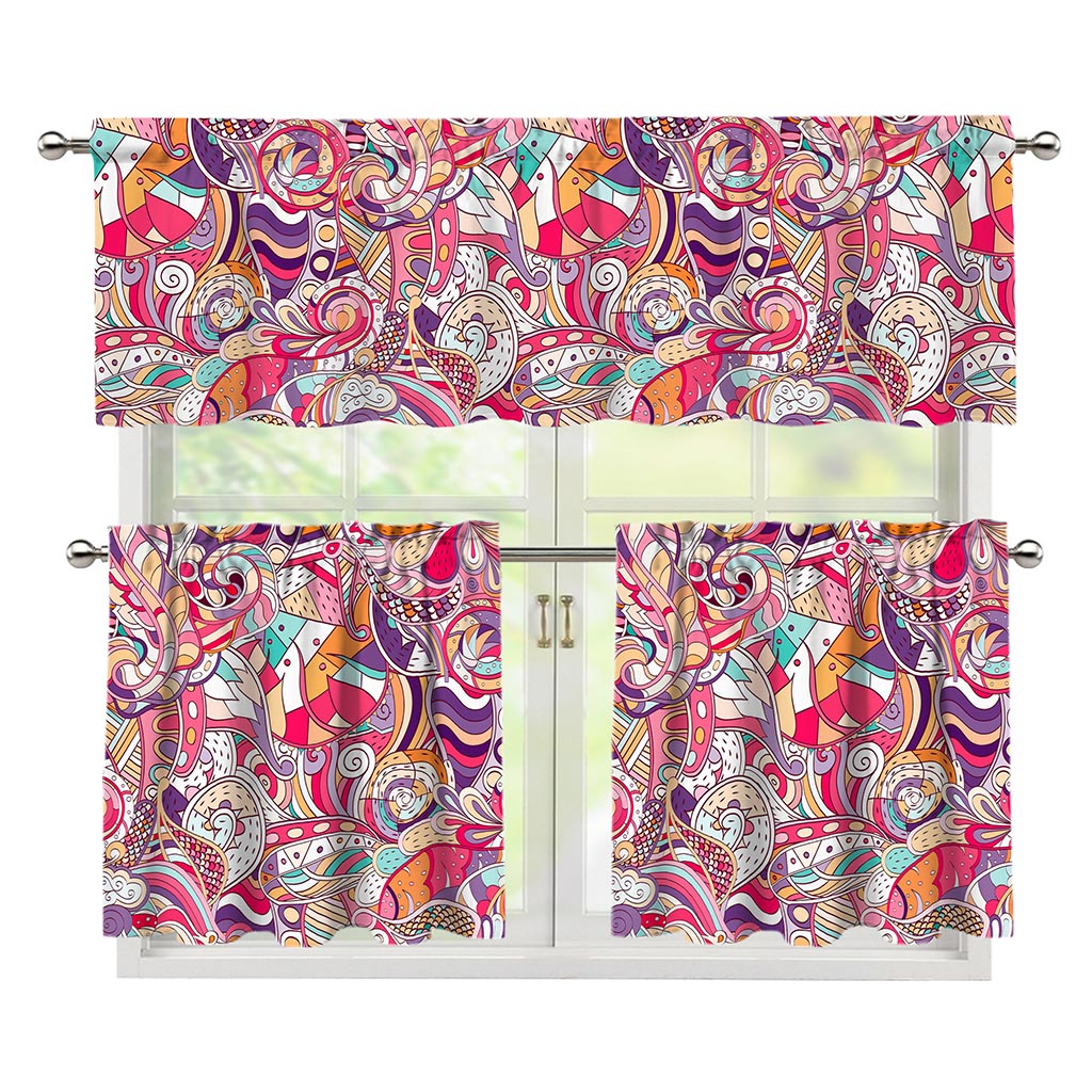Pastel Bohemian Floral Pattern Print 3 Piece Kitchen Curtains