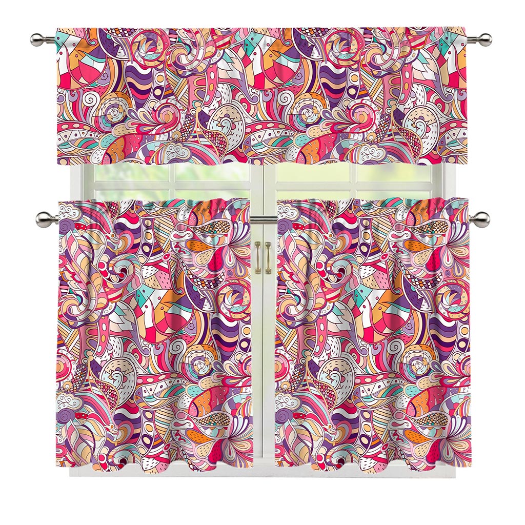 Pastel Bohemian Floral Pattern Print 3 Piece Kitchen Curtains