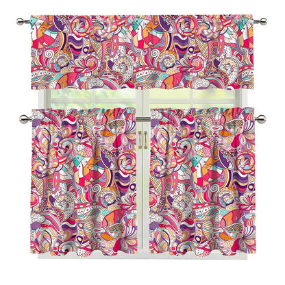 Pastel Bohemian Floral Pattern Print 3 Piece Kitchen Curtains