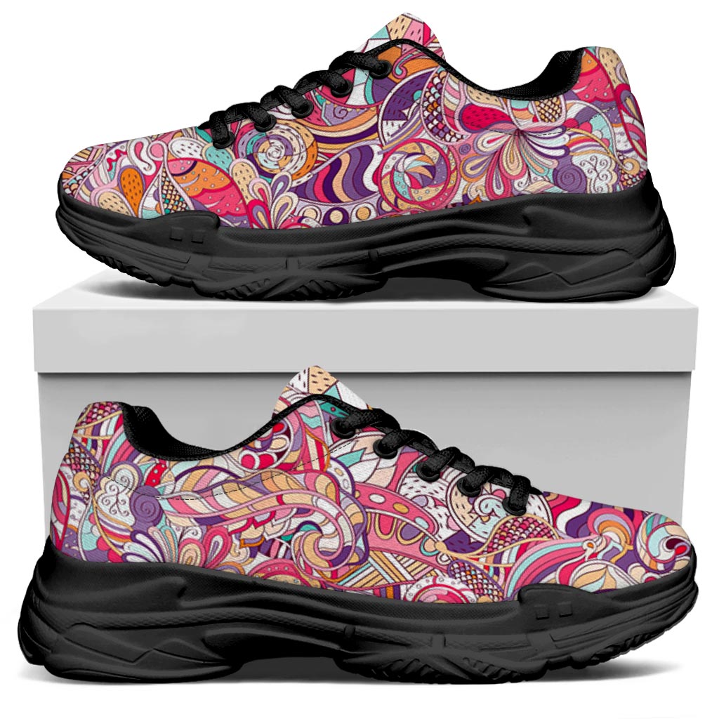 Pastel Bohemian Floral Pattern Print Black Chunky Shoes