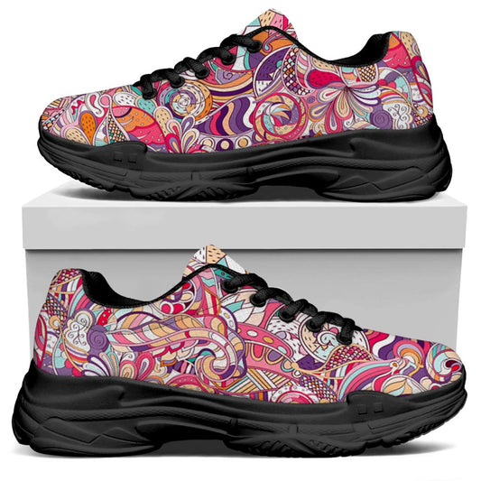 Pastel Bohemian Floral Pattern Print Black Chunky Shoes