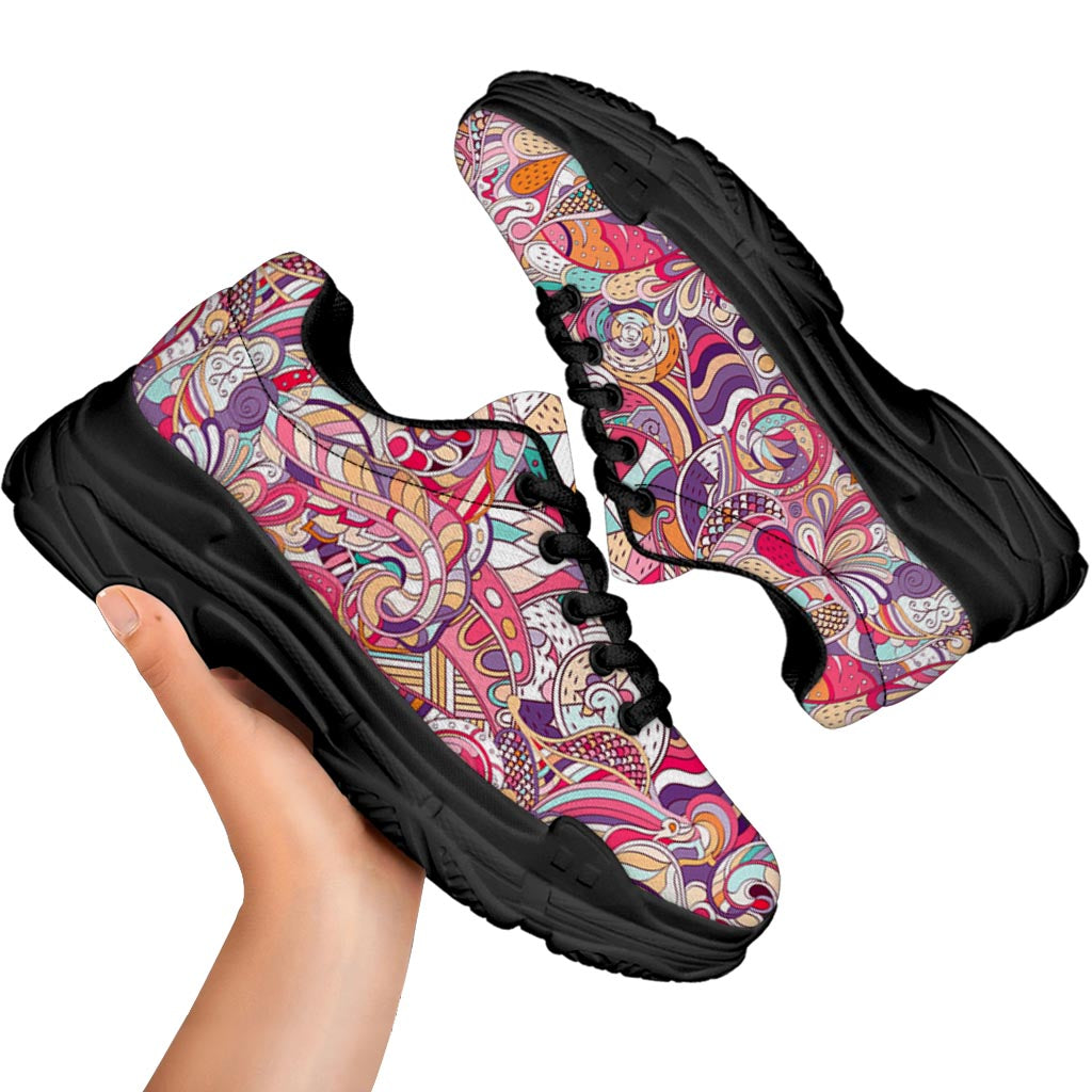 Pastel Bohemian Floral Pattern Print Black Chunky Shoes