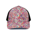 Pastel Bohemian Floral Pattern Print Black Mesh Trucker Cap