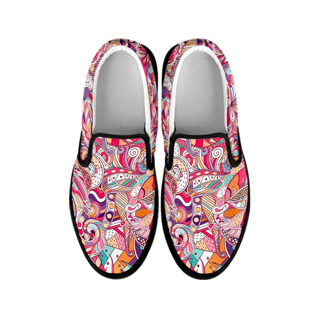 Pastel Bohemian Floral Pattern Print Black Slip On Sneakers