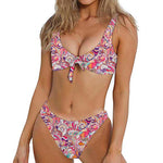 Pastel Bohemian Floral Pattern Print Front Bow Tie Bikini