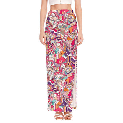 Pastel Bohemian Floral Pattern Print High Slit Maxi Skirt
