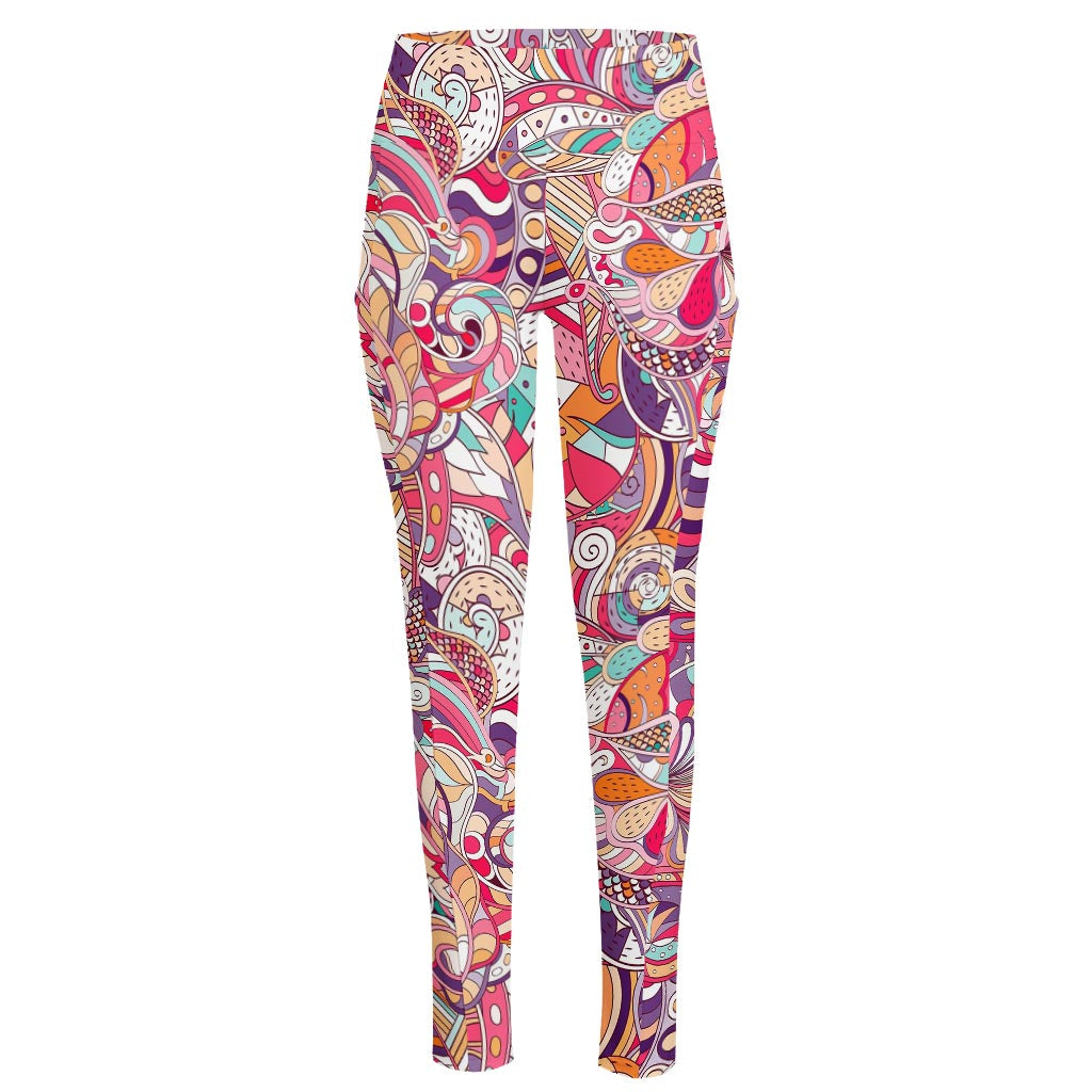Pastel Bohemian Floral Pattern Print High-Waisted Pocket Leggings