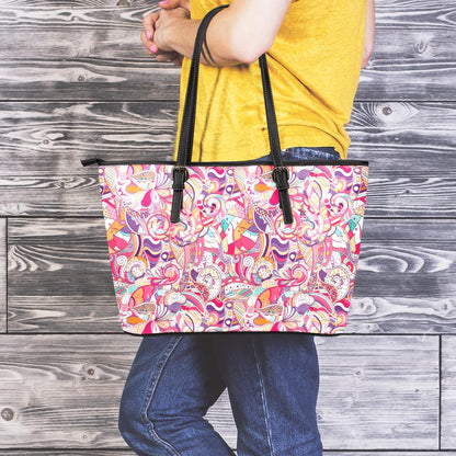 Pastel Bohemian Floral Pattern Print Leather Tote Bag