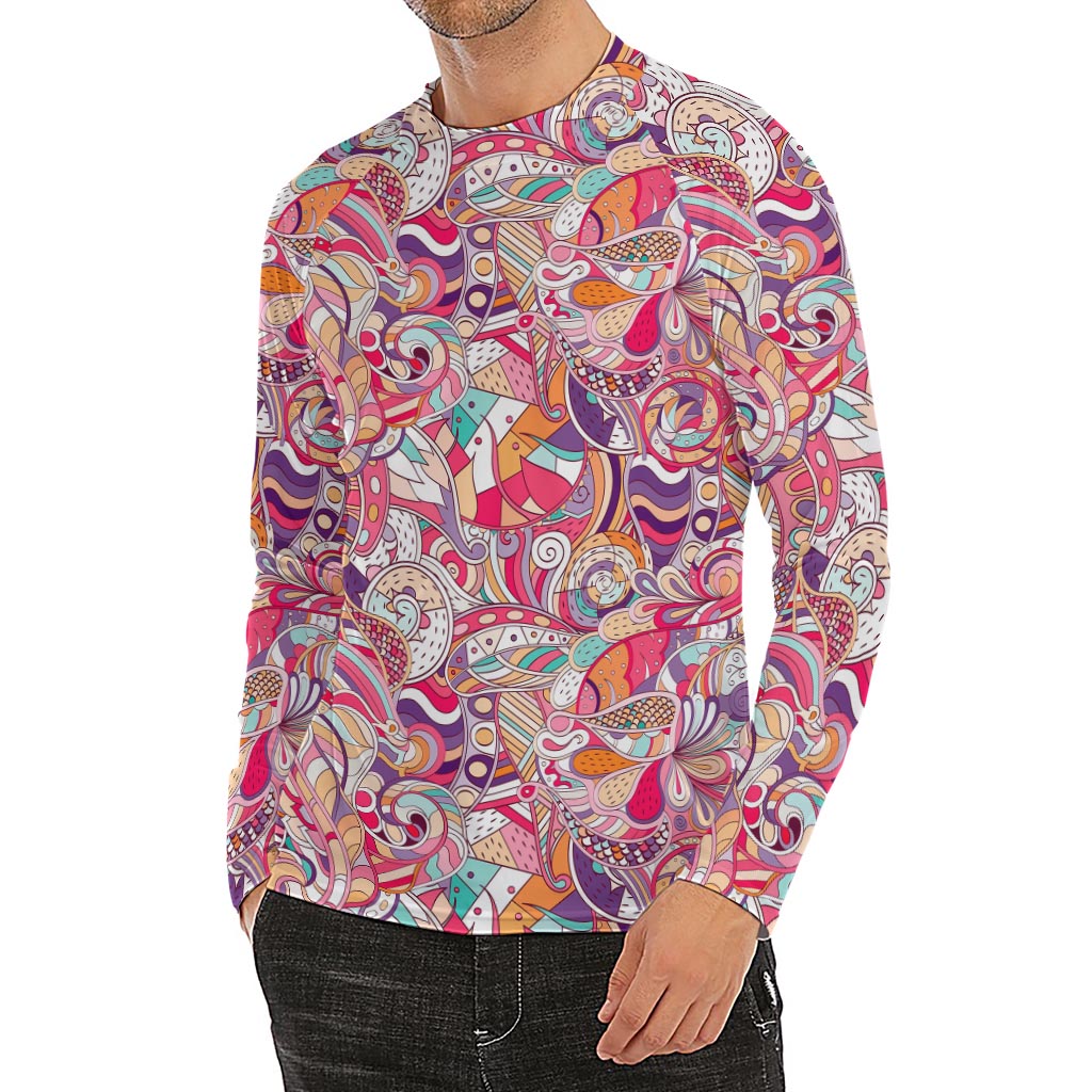 Pastel Bohemian Floral Pattern Print Men's Long Sleeve Rash Guard