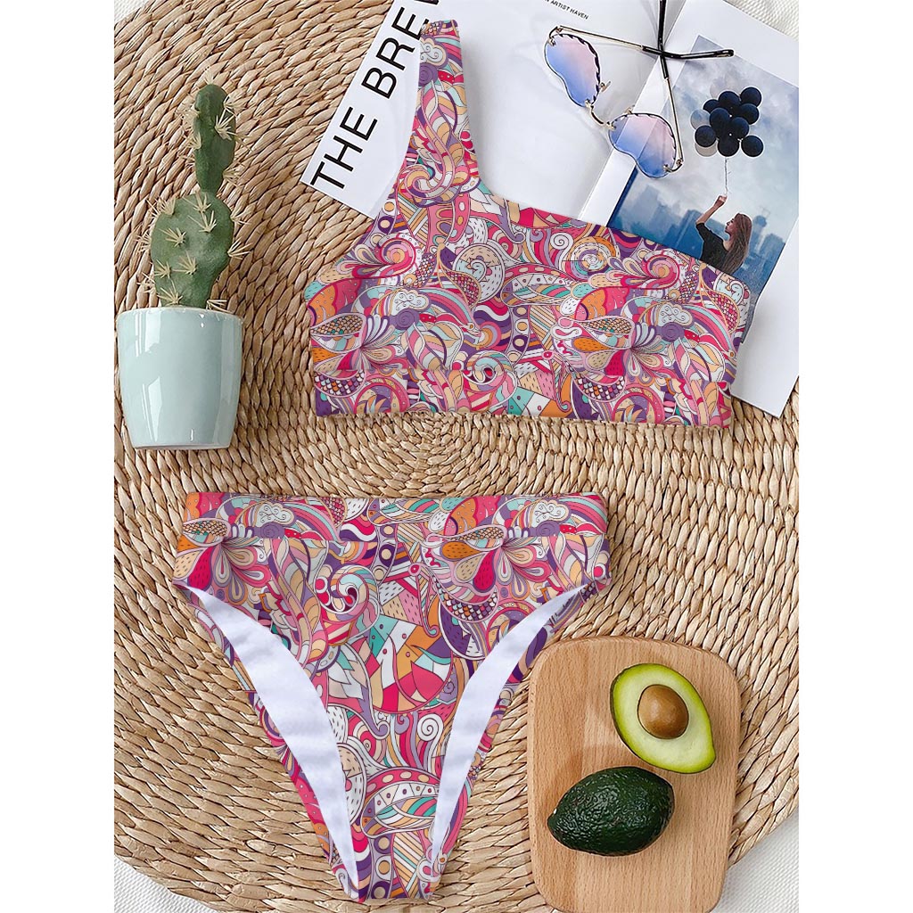 Pastel Bohemian Floral Pattern Print One Shoulder Bikini Top