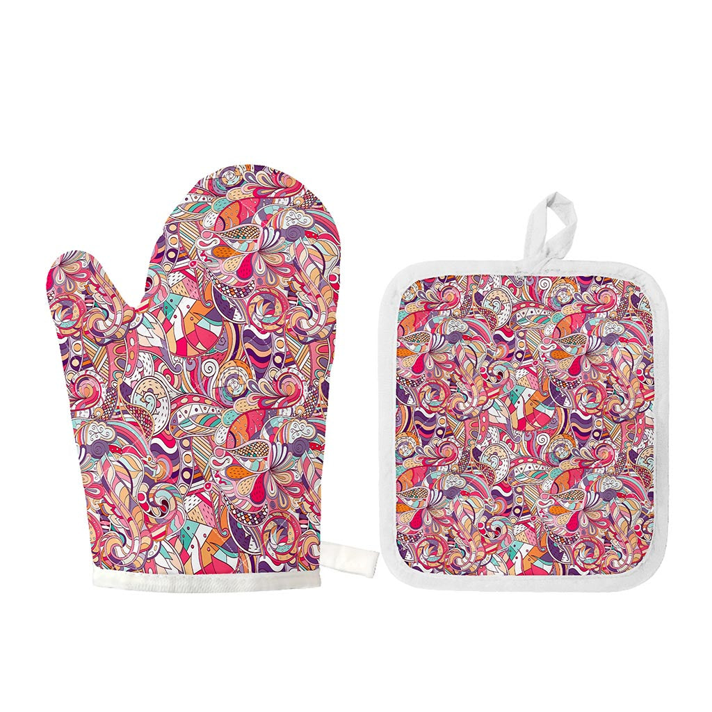 Pastel Bohemian Floral Pattern Print Oven Mitt And Pot Holder Set