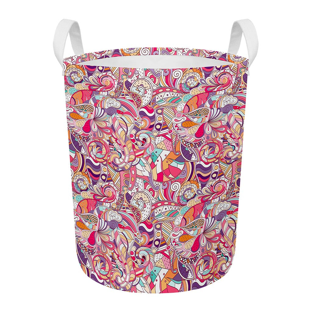 Pastel Bohemian Floral Pattern Print Round Laundry Basket