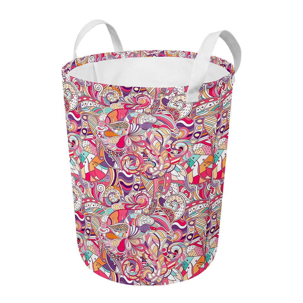 Pastel Bohemian Floral Pattern Print Round Laundry Basket