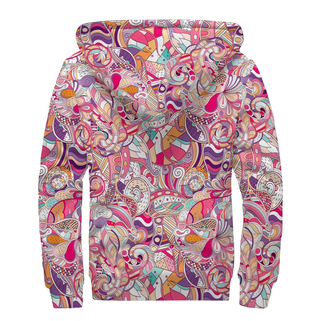 Pastel Bohemian Floral Pattern Print Sherpa Lined Zip Up Hoodie