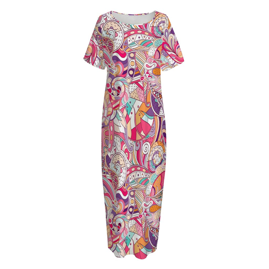 Pastel Bohemian Floral Pattern Print Short Sleeve Long Nightdress