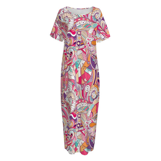 Pastel Bohemian Floral Pattern Print Short Sleeve Long Nightdress