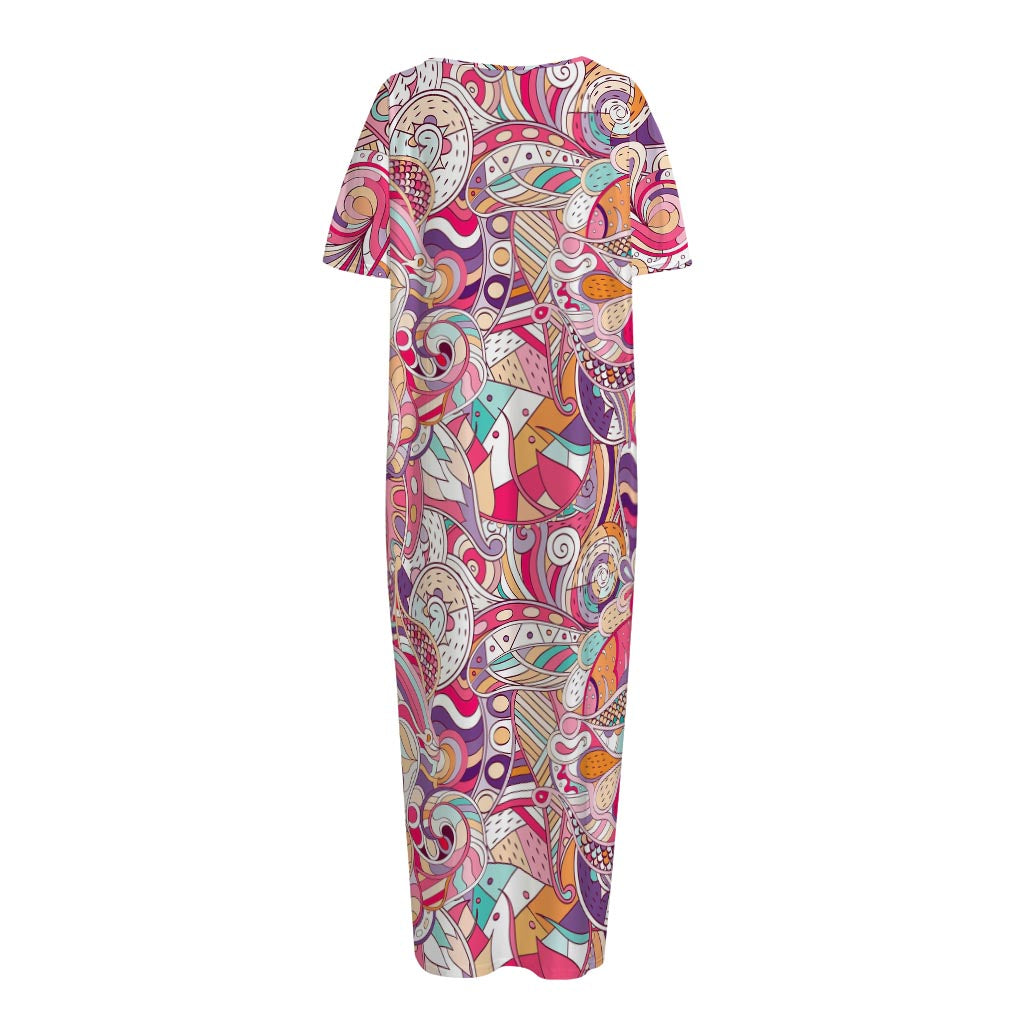 Pastel Bohemian Floral Pattern Print Short Sleeve Long Nightdress