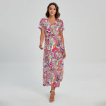 Pastel Bohemian Floral Pattern Print Short Sleeve Maxi Dress
