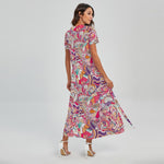 Pastel Bohemian Floral Pattern Print Short Sleeve Maxi Dress