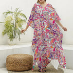 Pastel Bohemian Floral Pattern Print Silk V-Neck Kaftan Dress