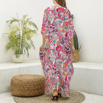 Pastel Bohemian Floral Pattern Print Silk V-Neck Kaftan Dress