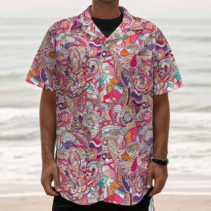 Pastel Bohemian Floral Pattern Print Textured Short Sleeve Shirt