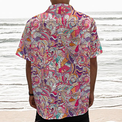 Pastel Bohemian Floral Pattern Print Textured Short Sleeve Shirt