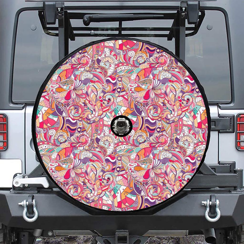 Pastel Bohemian Floral Pattern Print Tire Cover With Camera Hole