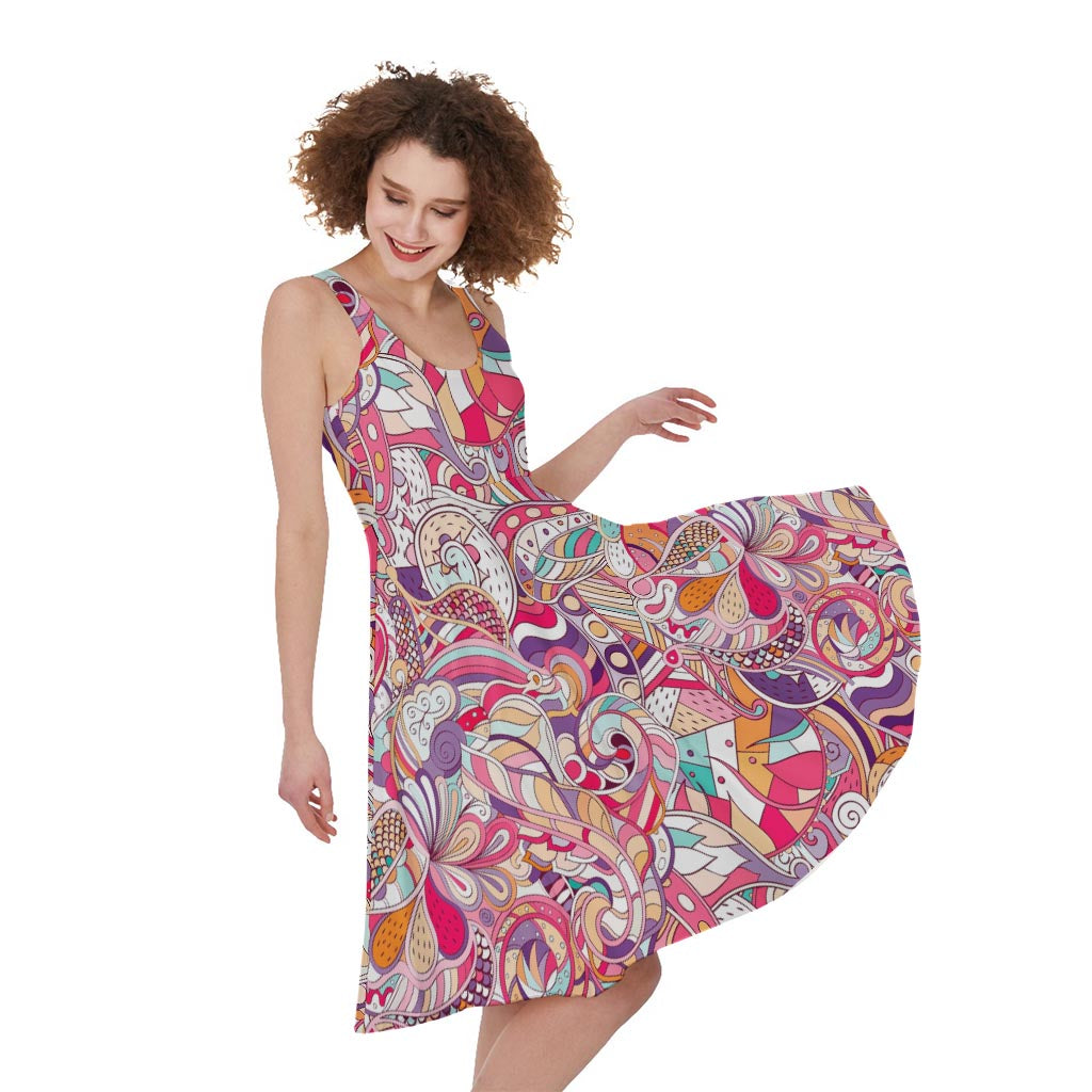 Pastel Bohemian Floral Pattern Print Women's Sleeveless Dress