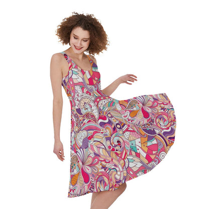 Pastel Bohemian Floral Pattern Print Women's Sleeveless Dress