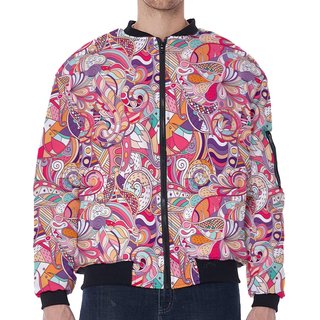 Pastel Bohemian Floral Pattern Print Zip Sleeve Bomber Jacket