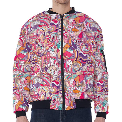 Pastel Bohemian Floral Pattern Print Zip Sleeve Bomber Jacket