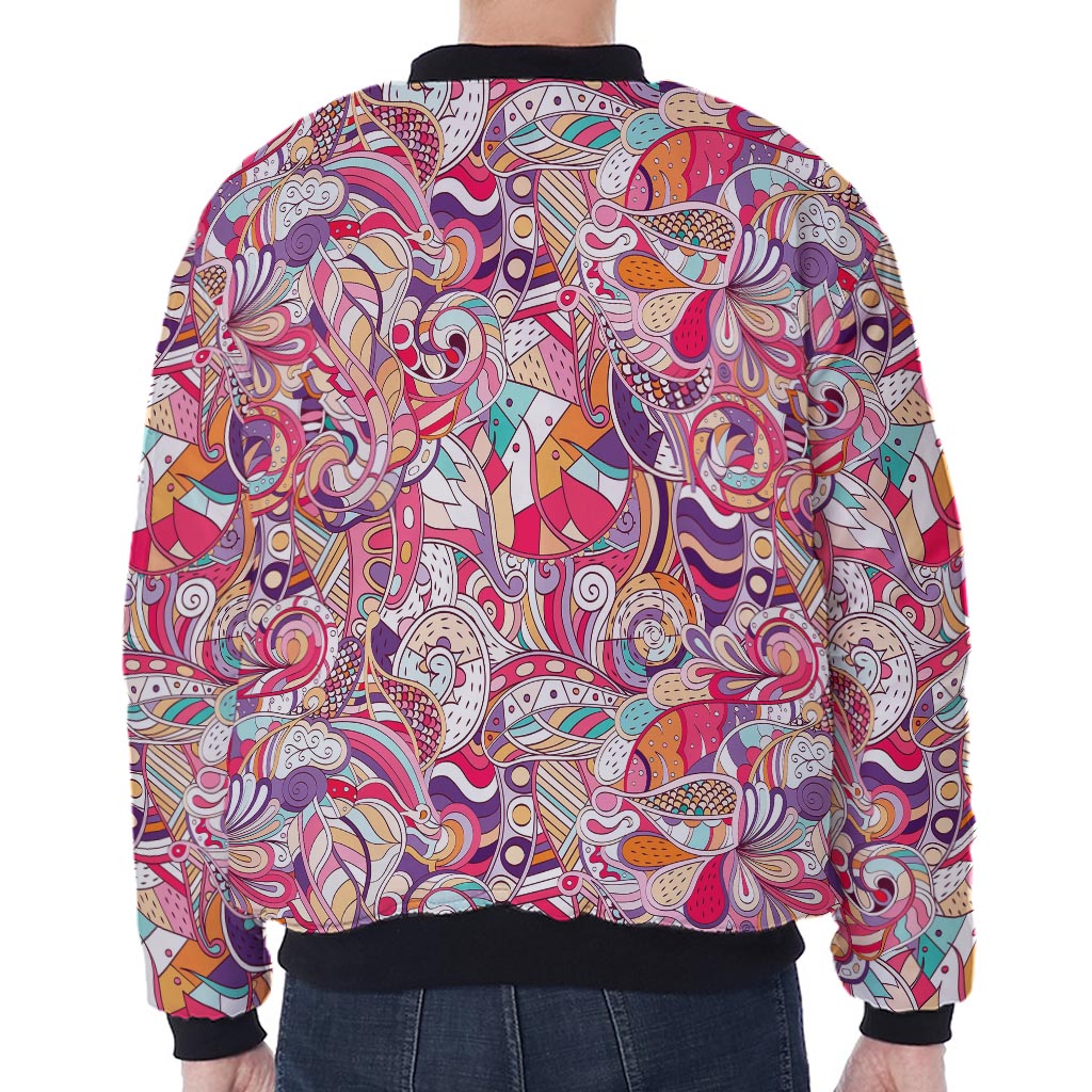 Pastel Bohemian Floral Pattern Print Zip Sleeve Bomber Jacket