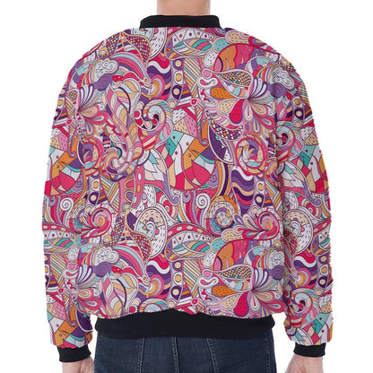 Pastel Bohemian Floral Pattern Print Zip Sleeve Bomber Jacket