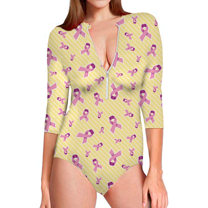 Pastel Breast Cancer Awareness Print Long Sleeve Swimsuit