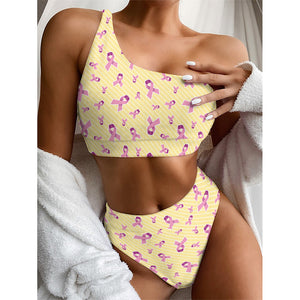 Pastel Breast Cancer Awareness Print One Shoulder Bikini Top