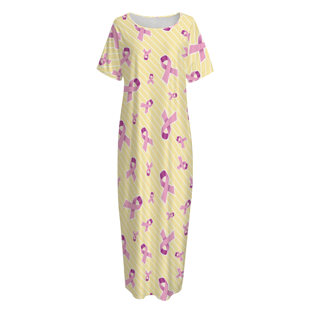 Pastel Breast Cancer Awareness Print Short Sleeve Long Nightdress