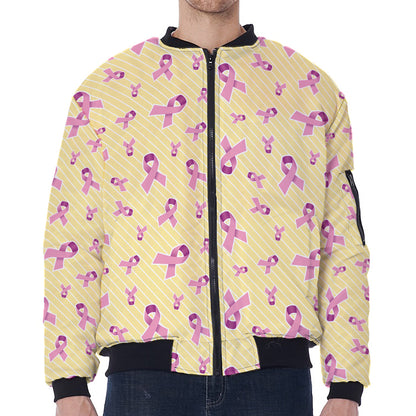 Pastel Breast Cancer Awareness Print Zip Sleeve Bomber Jacket