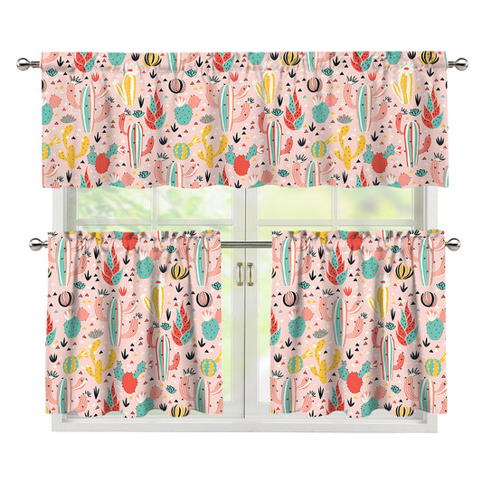 Pastel Cactus And Succulent Print 3 Piece Kitchen Curtains