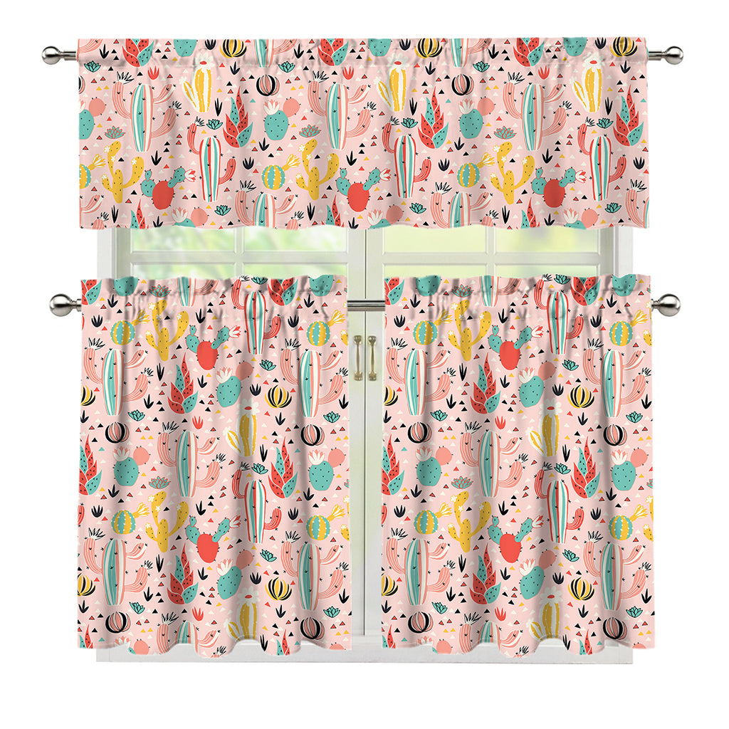 Pastel Cactus And Succulent Print 3 Piece Kitchen Curtains