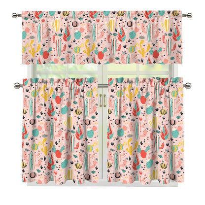 Pastel Cactus And Succulent Print 3 Piece Kitchen Curtains