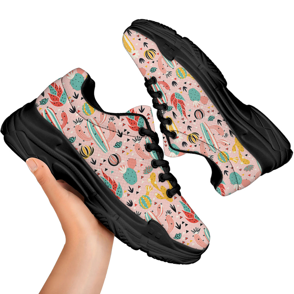 Pastel Cactus And Succulent Print Black Chunky Shoes
