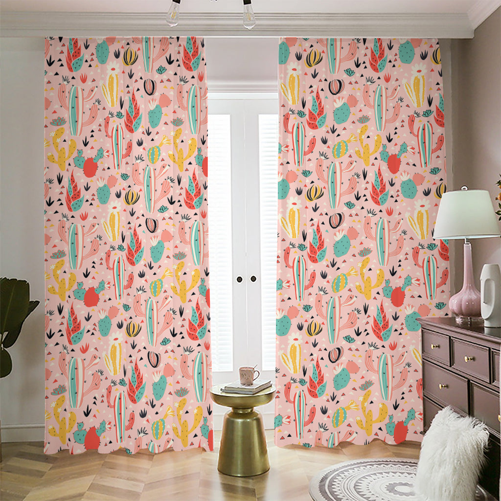 Pastel Cactus And Succulent Print Blackout Pencil Pleat Curtains