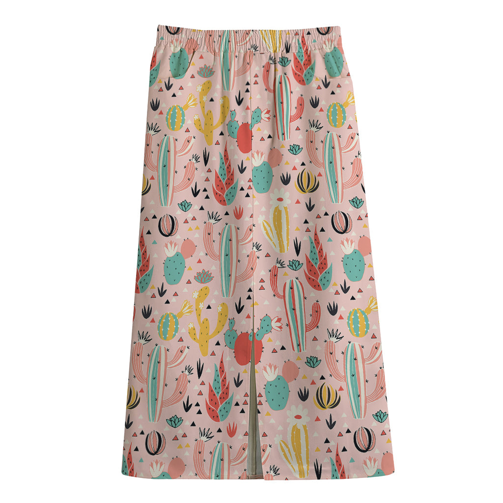 Pastel Cactus And Succulent Print Cotton Front Slit Maxi Skirt