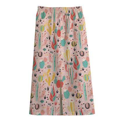 Pastel Cactus And Succulent Print Cotton Front Slit Maxi Skirt
