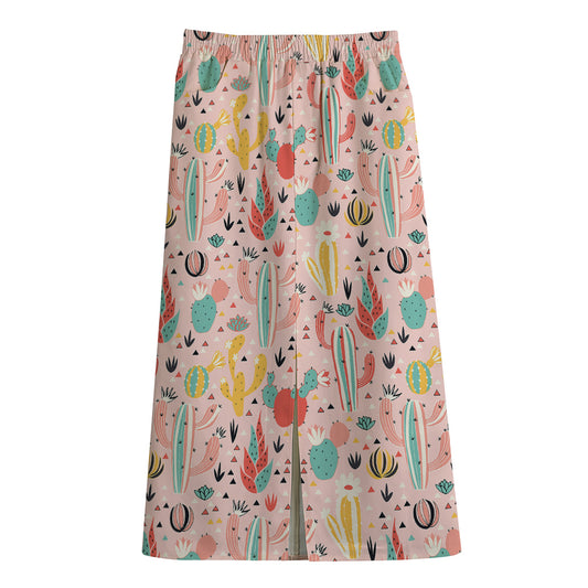 Pastel Cactus And Succulent Print Cotton Front Slit Maxi Skirt