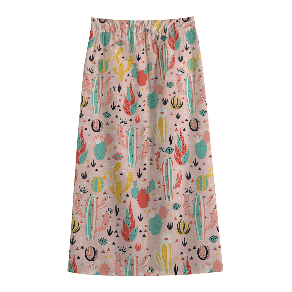 Pastel Cactus And Succulent Print Cotton Front Slit Maxi Skirt