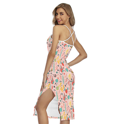 Pastel Cactus And Succulent Print Cross Back Cami Dress