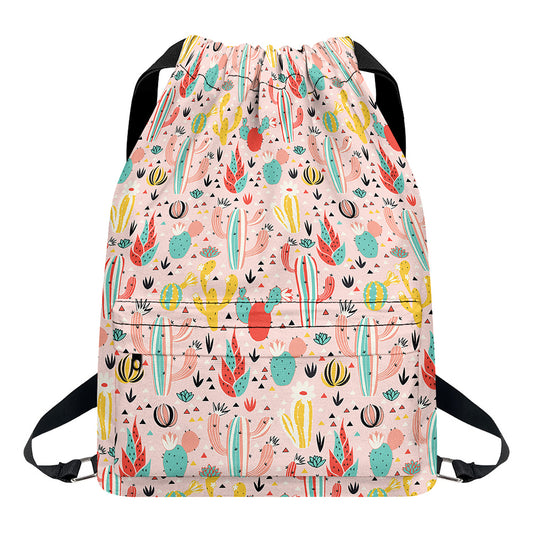 Pastel Cactus And Succulent Print Drawstring Backpack