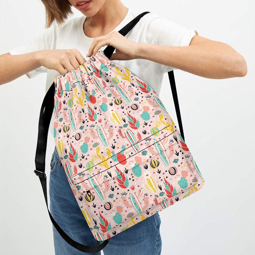 Pastel Cactus And Succulent Print Drawstring Backpack